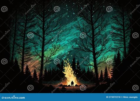 A Warm And Cosy Campfire Forest Trees Silhouetted Stars Lights