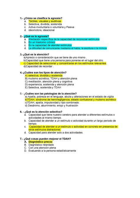 Preguntas De Neuropsicologia C Mo Se Clasifica La Agnosia A