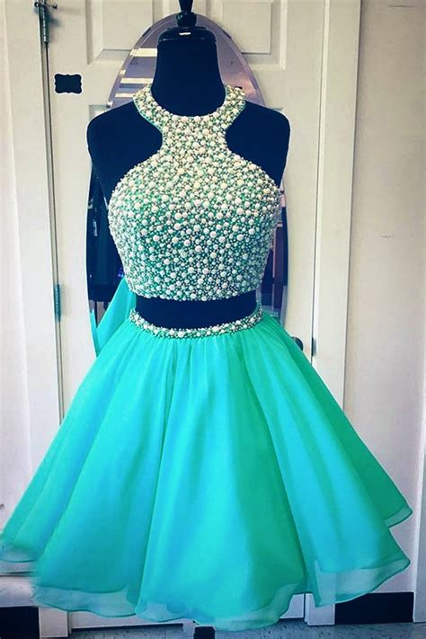 Two Piece Homecoming Dresses Beading Chiffon Short Prom Dress Halter