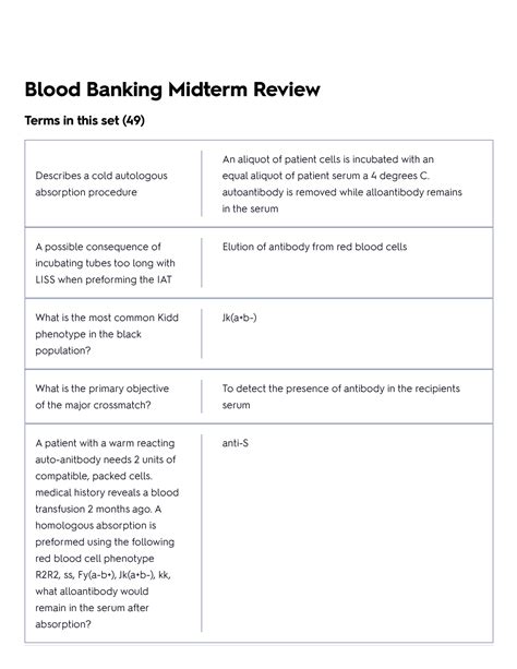 Blood Banking Midterm Review Flashcards Quizlet Blood Banking Midterm