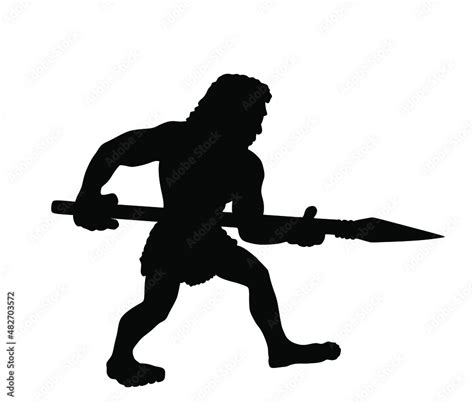 Caveman Hunter Hunting With Spear Vector Silhouette Illustration