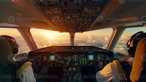 Pilots fly the plane. View from the cockpit of a modern passenger plane ...