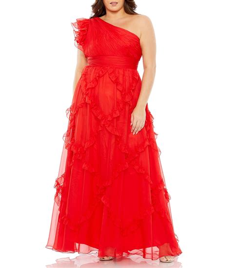 Mac Duggal Plus Size Sleeveless Ruffled One Shoulder Ruched Gown