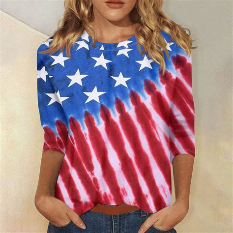 Qcmgmg Women Independence Day Tops Patriotic 34 Sleeve Shirts 4th Of July Stars Striped Blouse