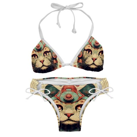 Retro Cat Adjustable Strap Detachable Sponge Bikini Set Two Pack For Beach And Pool Parties