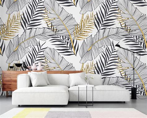 Tropical Gold Leaves Wallpaper Self Adhesive Peel And Stick Etsy