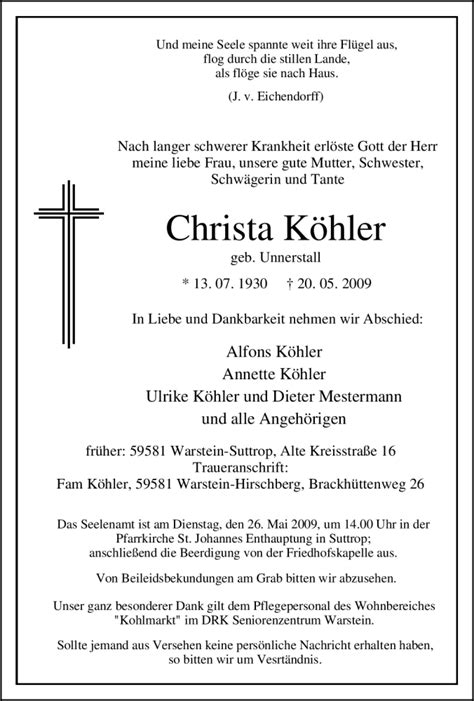 Traueranzeigen Von Christa K Hler Trauer In Nrw De