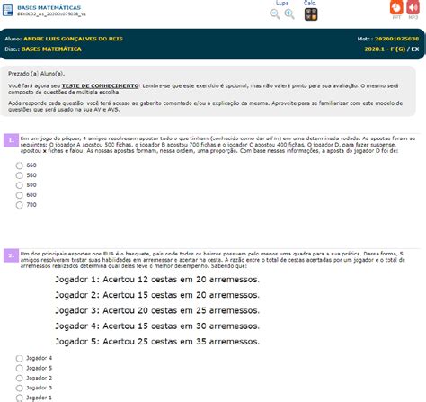 Testes De Conhecimento Bases Matematicas Bases Matemáticas Para