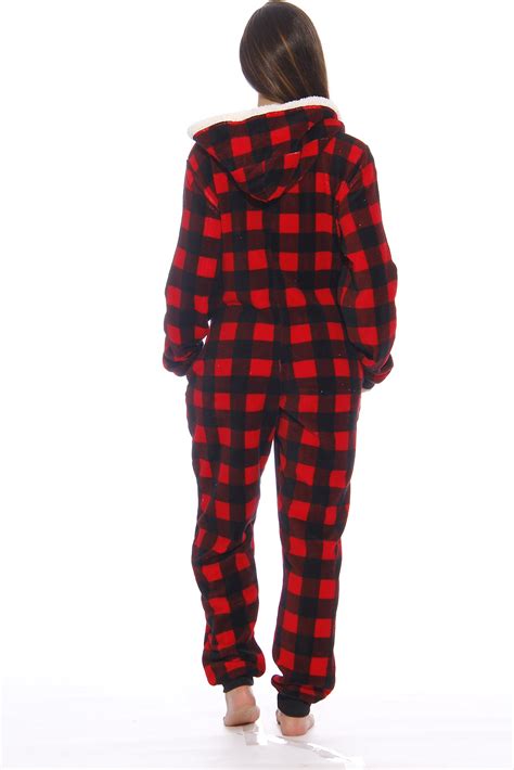 Just Love Buffalo Plaid Adult Onesie Sherpa Lined Hoody One Piece Pajamas Red Buffalo Plaid X