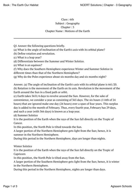 NCERT Solutions For Class 6 Geography Chapter 3 Motions Of The Earth