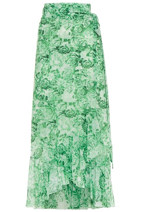 Light Green Ruffled Floral Print Stretch Mesh Midi Wrap Skirt Sale Up