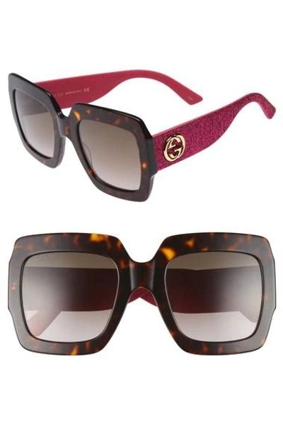 Gucci Gg0053s Optyl Square Womens Sunglasses W Glitter Temples In Havana Fuchsia Shaded Brown