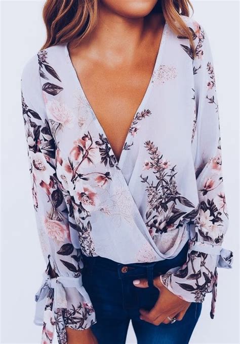 Purple Floral Print V Neck Long Sleeve Casual Blouse Blouses Tops