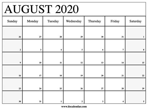 2020 Monthly Calendar Printable Free PDF August