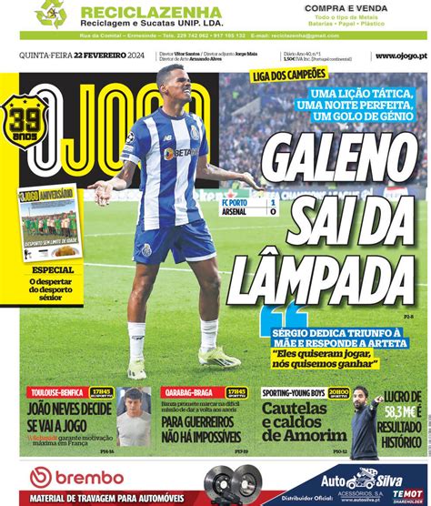 Capa Jornal O Jogo 22 Fevereiro 2024 Capasjornais Pt