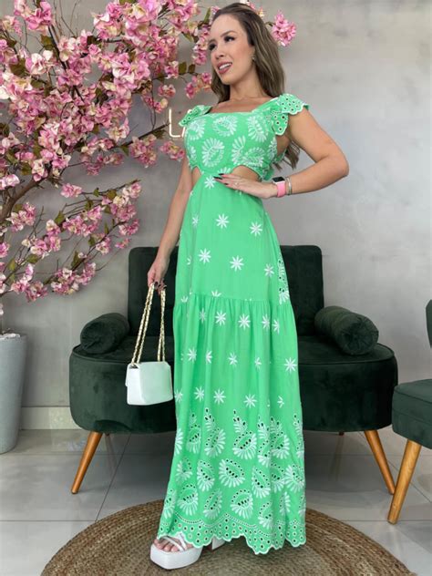 Vestido Longo Laise Alcinha Babados Vazado Floral Verde Claro Lavinny