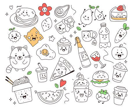 Cute Kawaii Food Lined Doodles Hand Drawn Graphic Fastfood Meal Sweets ...