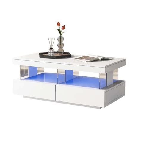 Table Basse 100cm LED Avec 2 Tiroirs Et Compartiment En Verre Meuble