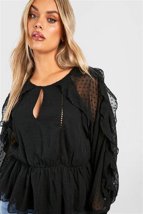 Womens Black Plus Dobby Mesh Keyhole Ruffle Front Smock Top Boohoo Uk