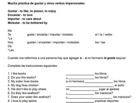 Gustar And Verbs Like Gustar Notes And Worksheet Pdf Worksheets Library