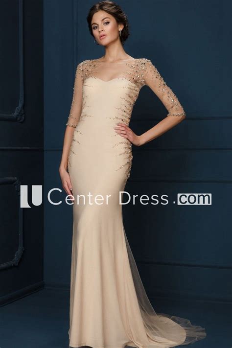 Sheath Long Sleeve Long Scoop Neck Beaded Tulleandjersey Evening Dress