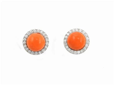 Orecchini In Oro Bianco Con Diamanti E Corallo Rosso Arancio Asta