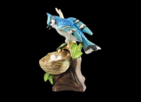 Blue Jay Bird Figurine Bird With Nest And Eggs 6 Inch Nature Art