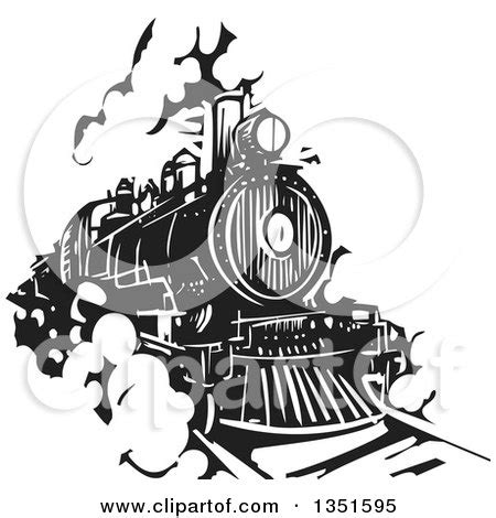 Black and White Woodcut Locomotive Train on a Rail Road Posters, Art ...