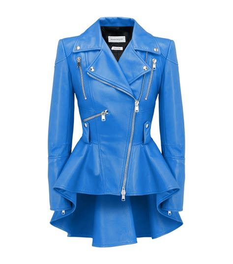 Womens Alexander Mcqueen Blue Leather Peplum Jacket Harrods Uk