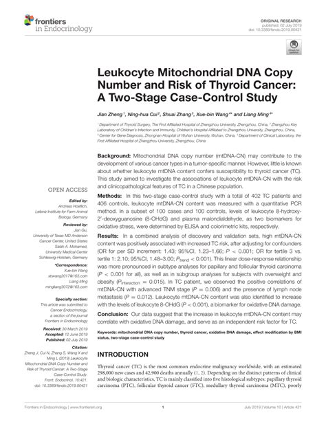 PDF Leukocyte Mitochondrial DNA Copy Number And Risk Of Thyroid