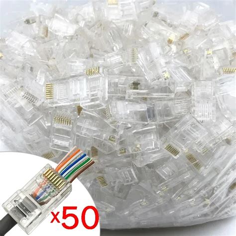 Cat6 1000mbps Rj45 Pass Through Network Connectors Ethernet Cable Gold Plated Crimp End Stranded