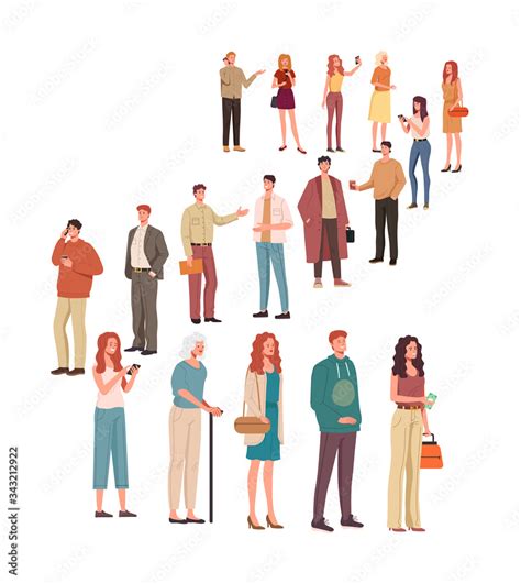 Big queue order waiting line people characters concept. Vector flat ...