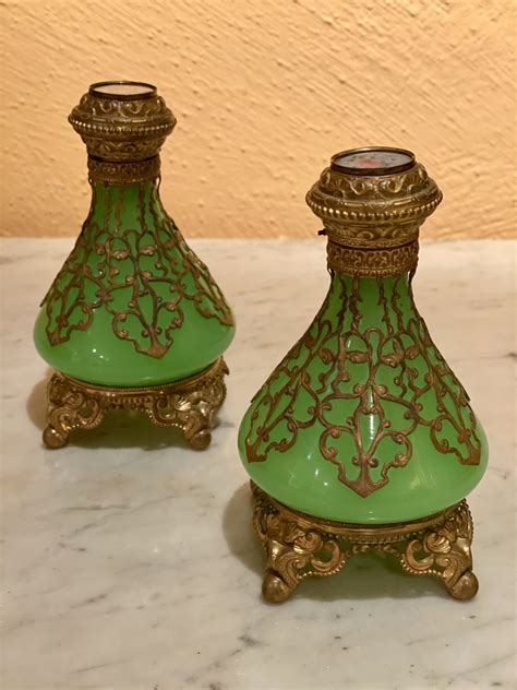 Important Pair Of Flasks In Green Opaline Mounted Gilt Bronze Xixth Na