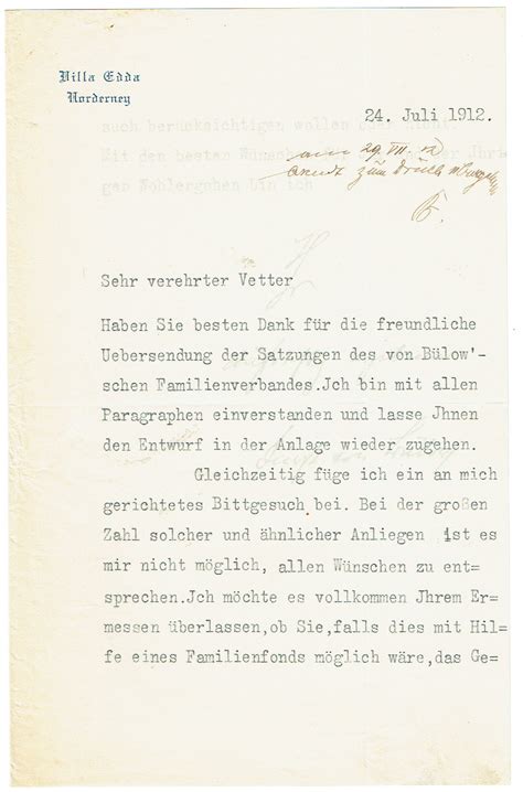 Ms Brief mit eigenh Unterschrift von Bülow Bernhard Fst von