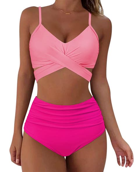 Suuksess Women High Waisted Bikini Criss Cross Swimsuits Push Up Bathing Suits M Pink Color