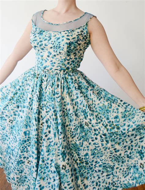 1950s Blue Silk Floral Dress With Mesh Neckline M