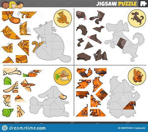 Jigsaw Puzzle Games Set with Cartoon Pets Stock Vector - Illustration ...