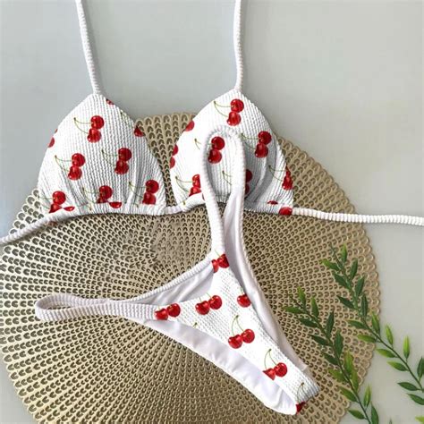 Conjunto De Bikini Con Estampado De Cerezas Para Mujer Traje De Ba O De Dos Piezas