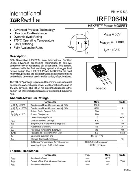 Irfp Mosfet Pinout Datasheet Equivalent Circuit And Off