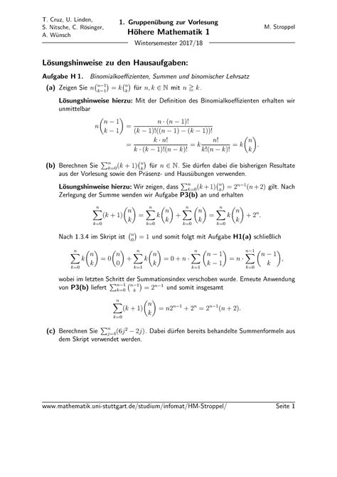 HM1 Hausübungen Lösungshinweisen Höhere Mathematik I Uni Stuttgart