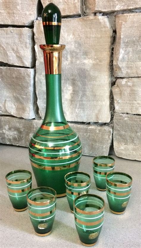 Vintage Green And Gold Bohemian Crystal Decanter Set With Six Glasses