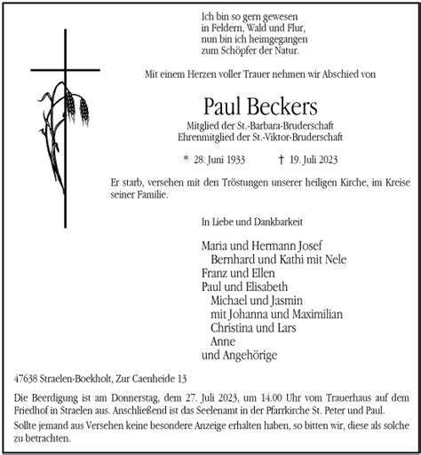 Alle Traueranzeigen F R Paul Beckers Trauer Rp Online De