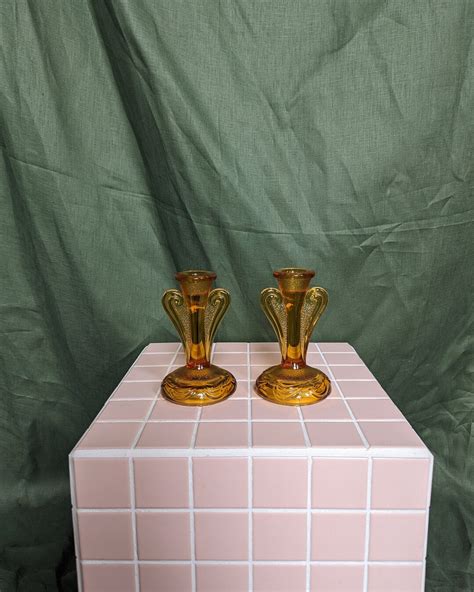 Paid Of Vintage Amber Glass Candlesticks Etsy