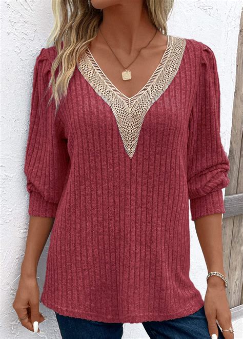 Wine Red Patchwork Long Sleeve V Neck T Shirt Modlily USD 34 98