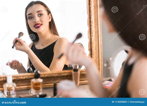 Portrait Of Beautiful Woman Applying Makeup Stock Image Image Of