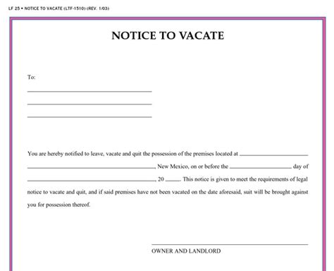 Free Printable Intent To Vacate Letter Template Vacate Notice