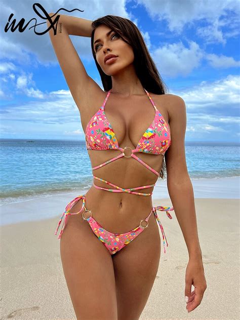 In X Sexy Pink Swimwear Micro String Two Piece Bikini Swimsuit Women Pieces Push