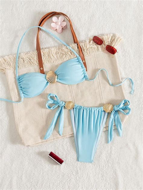 Shein Swim Mod Pcs Set Women Solid Color Sexy Bikini Top Paired With Gold Shell Decor Tie Side