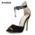 Aneikeh Black Crystal Women Embellished Suede Leather High Heel Sandals