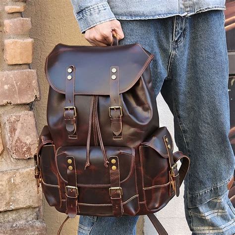 Men S Full Grain Leather Backpack Vintage Design Woosir Vintage